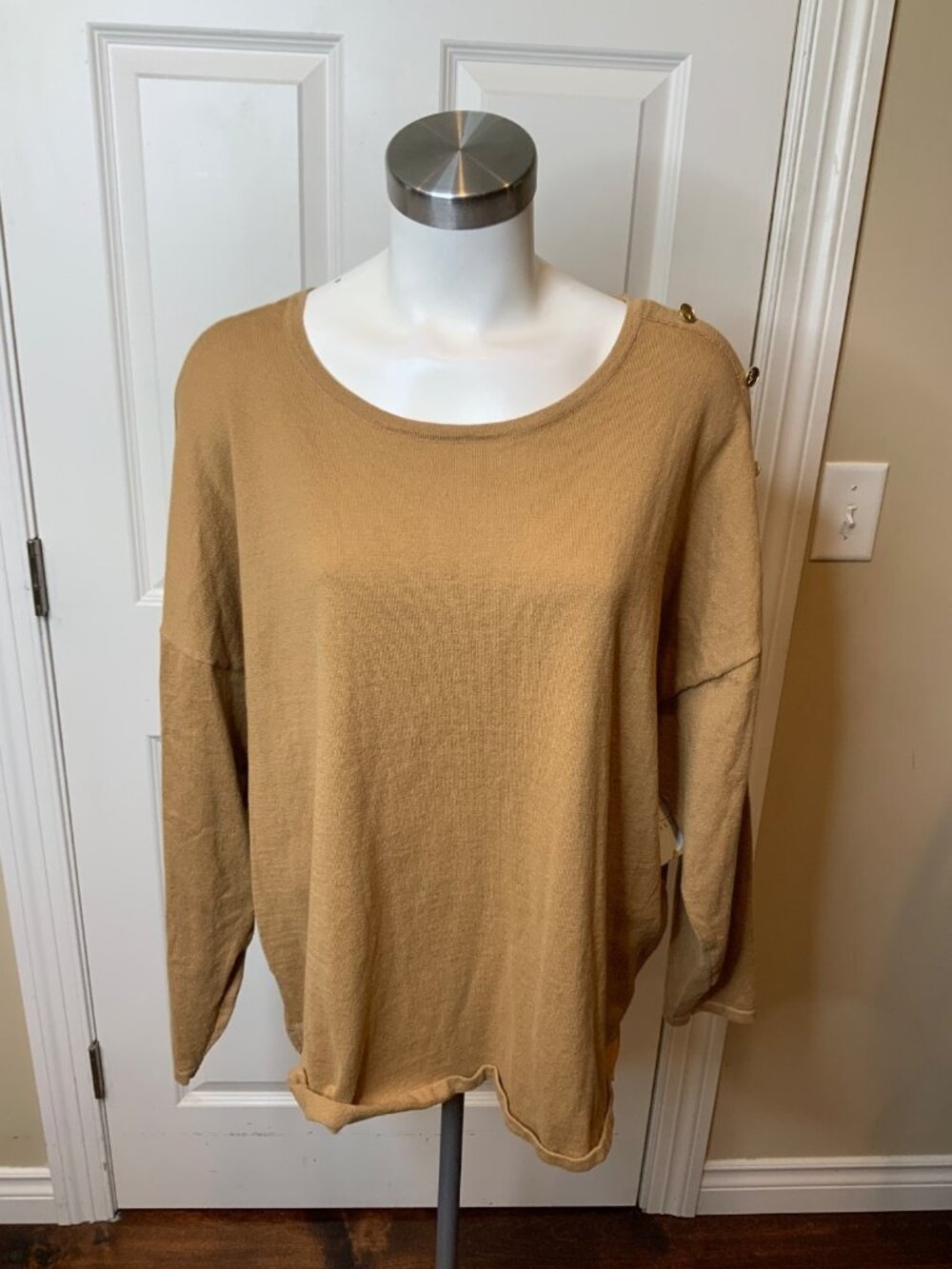 Michael Kors Tan Knit Crewneck Sweater W/ Gold Button Detail, Size 1X